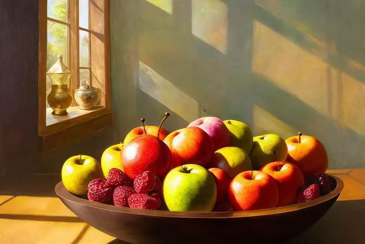 Wooden Bowl of various fruit on a glass table in a room full of mirrors and glass windows, reflections, Rembrandt lighting, dappled sunlight