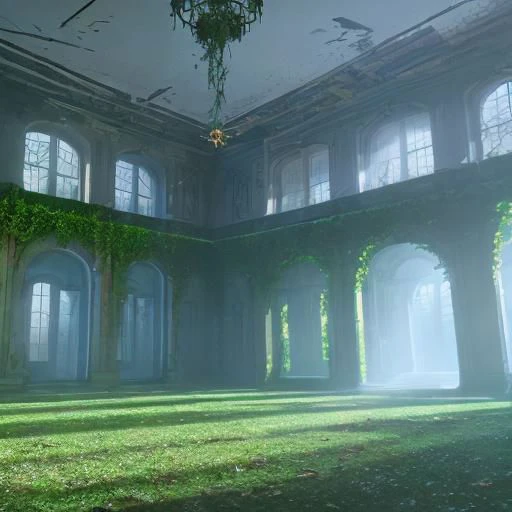 abandoned, mansion, nature, ligh beam, inside, light particles, vines, cold, mist, light blue light,
