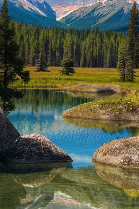 bosque hermoso con lago una montaa al fondo