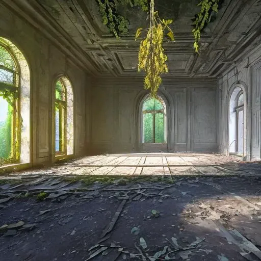 abandoned, mansion, nature, ligh beam, inside, light particles, vines,