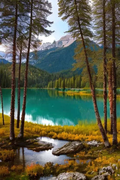 bosque hermoso con lago una montaa al fondo