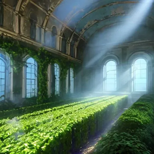 abandoned, mansion, nature, ligh beam, inside, light particles, vines, cold, mist, light blue light,