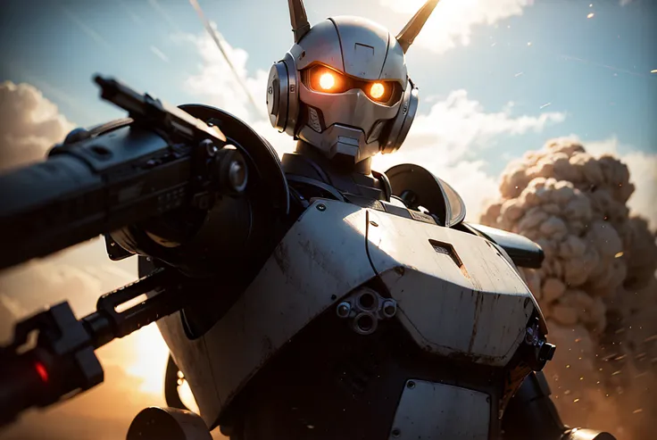 best quality, masterpiece, 1 giant battle super robot, glowing eyes, wing, firing lase beams, upper body portrait battlefield, sun, sunlight, blue sky, high contrast mech heavy armor, dynamic pose, backpack, fighting, firing, weapons, missiles, damaged, upper body close up shot smoke, dust, fire anime, motion lines, blurry, highres, extremely detailed, solo, sharp focus, cinematic lighting, <lora:epiNoiseoffset_v2:1>