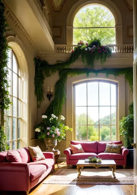 Architectural digest photo of a maximalist green solar living room with lots of flowers and plants, golden light, hyperrealistic surrealism, award winning masterpiece with incredible details, epic stunning pink surrounding and round corners, big windows