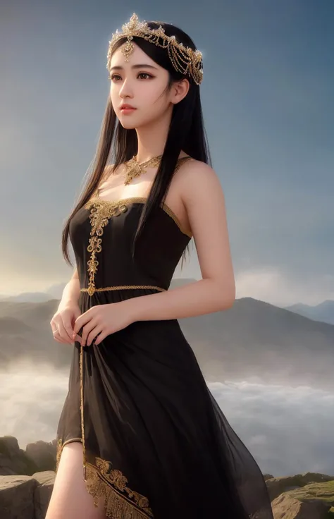 masterpiece, 1girl, medium shot, (extremely detailed CG unity 8k wallpaper), (photorealistic:1.4), best quality, ultra detailed, intricate details, elegant, ((long flowing black hair)), ((delicate facial features)), ((glowing smooth skin)), ((expressive almond-shaped eyes)), ((slightly upturned nose)), ((full lips)), (ethereal glow), (ornate headpiece), (flowing white dress), (standing on a cliff overlooking a vast landscape), (misty atmosphere), <lora:cuteGirlMix4_v10:(recommend0.4-0.7 here)>,