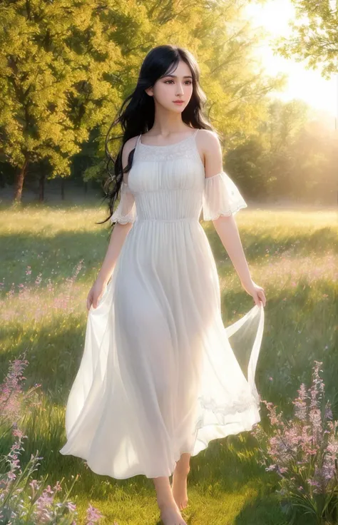 masterpiece, 1girl, medium shot, (extremely detailed CG unity 8k wallpaper), (photorealistic:1.4), best quality, ultra detailed, intricate details, elegant, ((long flowing black hair)), ((delicate facial features)), ((glowing smooth skin)), ((expressive almond-shaped eyes)), ((slightly upturned nose)), ((full lips)), (simple white dress transparent), (barefoot), (standing in a field of wildflowers), (warm sunlight), <lora:cuteGirlMix4_v10:(recommend0.4-0.7 here)>,