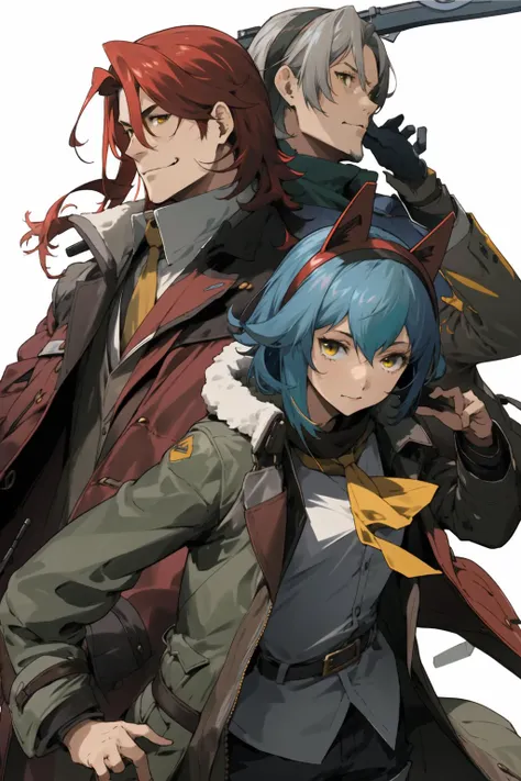 <lora:kisekienami-v2:1>kisekienami, multiple girls, multiple boys, 2boys, 2girls, red hair, brown hair, long hair, weapon, blue hair, green eyes, white hair, smile, brown eyes, gun, ascot, hairband, staff, yellow eyes, coat, short hair, jacket, animal ears