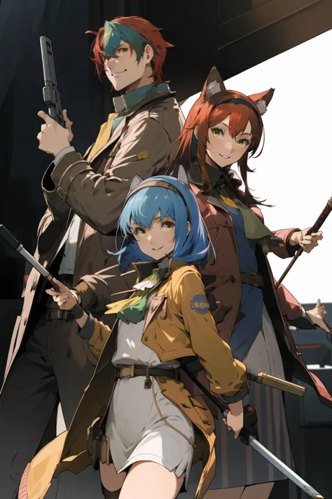 <lora:kisekienami-v2:1>kisekienami, multiple girls, multiple boys, 2boys, 2girls, red hair, brown hair, long hair, weapon, blue hair, green eyes, white hair, smile, brown eyes, gun, ascot, hairband, staff, yellow eyes, coat, short hair, jacket, animal ears