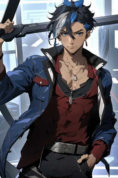 <lora:kisekienami:1>kisekienami, 1boy, solo, male focus, blue hair, streaked hair, black hair, blue eyes, thick eyebrows, pants, upper body, jacket, shirt, belt, hand in pocket, single earring, looking at viewer, hair between eyes, necklace, closed mouth, red shirt, collarbone, sleeves rolled up