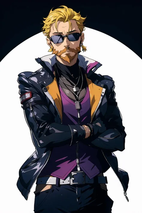 <lora:kisekienami:1>kisekienami, 1boy, solo, male focus, white background, facial hair, blonde hair, gloves, jewelry, upper body, jacket, beard, shirt, sunglasses, earrings, leather, black gloves, mature male, necklace, leather jacket, open clothes, long sleeves, bracelet, adjusting gloves, zipper, black jacket, adjusting clothes, popped collar, closed eyes, mouth hold, purple shirt
