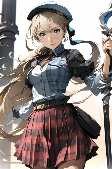 <lora:kisekienami-v2:1>kisekienami, 1girl, solo, weapon, long hair, skirt, hat, blue eyes, blonde hair, smile, breasts, jacket, shirt, belt, holding, looking at viewer, hair ribbon, plaid skirt, medium breasts, hair bun, pouch, plaid, closed mouth, beret, long sleeves, single hair bun, puffy sleeves, polearm, staff, belt pouch, cowboy shot, black headwear, juliet sleeves