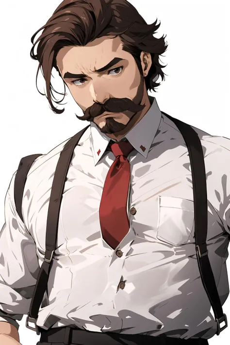 <lora:kisekienami-v2:0.9>kisekienami, 1boy, male focus, suspenders, upper body, white shirt, red necktie, white background, collared shirt, brown hair, looking at viewer, black hair, black eyes, mustache, closed mouth, frown, brown eyes
