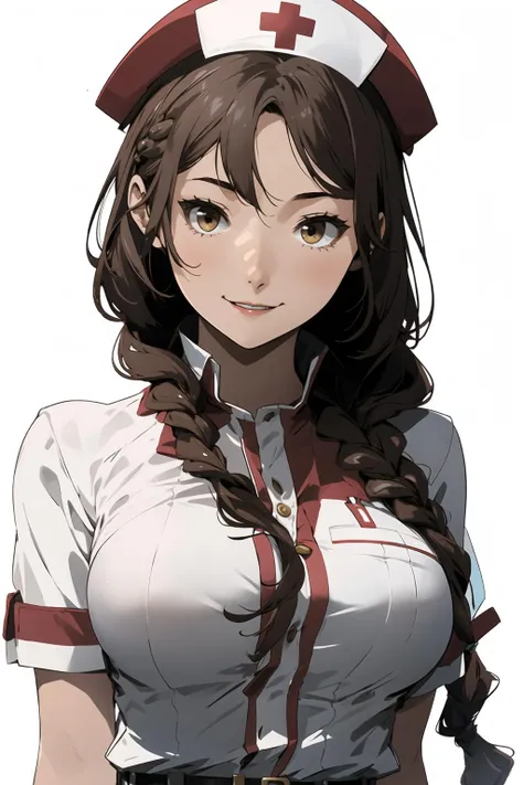 <lora:kisekienami-v2:0.9>kisekienami, 1girl, solo, long hair, brown hair, hat, nurse cap, brown eyes, smile, nurse, white background, braid, breasts, looking at viewer, upper body, drill hair