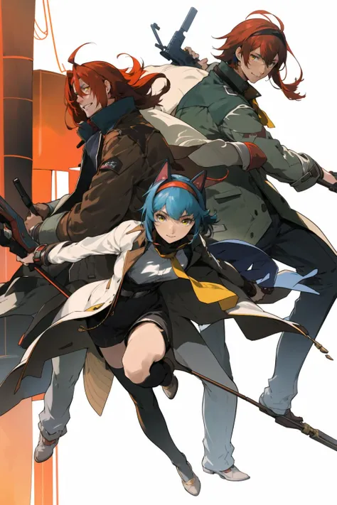 <lora:kisekienami-v2:1>kisekienami, multiple girls, multiple boys, 2boys, 2girls, red hair, brown hair, long hair, weapon, blue hair, green eyes, white hair, smile, brown eyes, gun, ascot, hairband, staff, yellow eyes, coat, short hair, jacket, animal ears