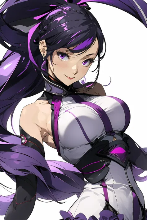 <lora:kisekienami-v2:1>kisekienami, 1girl, solo, purple hair, black hair, white background, upper body, half updo, purple eyes, hair ribbon, smile, large breasts