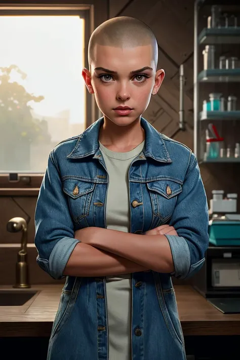 beautiful woman (m1ll13bb:0.99), realistic, (detailed:1.15),(film grain, skin details, 4k:1), laboratory, analog style (look at the viewer), (skin texture), (film grain), (hyper-realistic texture skin:1.3), cinematic light, sidelighting, ultra high res, best shadow, RAW, (denim jacket), (dress), (laboratory apparel:1.1), professional model photoshoot, hdr, ((shaved head:1.2)), (defiance512), (stranger things style), (explosion)