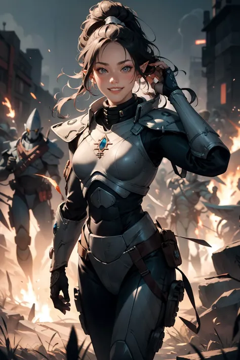 <lora:aeldari:0.8> aeldari, armor, power armor, pointy ears,1girl, (adjusting hair:1.1), beautiful,very long hair, smile512,(explosion,battlefield:1.1),walking,cowboy shot,teeth,, (masterpiece, best quality,absurdres: 1.2),, masterpiece,best quality,ultra-detailed,very detailed illustrations,extremely detailed,intricate details,highres,super complex details,extremely detailed 8k cg wallpaper, perfect hands,