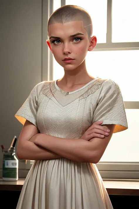 beautiful woman (m1ll13bb:0.99), realistic, (detailed:1.15),(film grain, skin details, 4k:1), laboratory, analog style (look at the viewer), (skin texture), (film grain), (hyper-realistic texture skin:1.3), cinematic light, sidelighting, ultra high res, best shadow, RAW, (white gown), (laboratory apparel:1.1), professional model photoshoot, hdr, ((shaved head:1.2)), (defiance512), (stranger things style), (explosion)