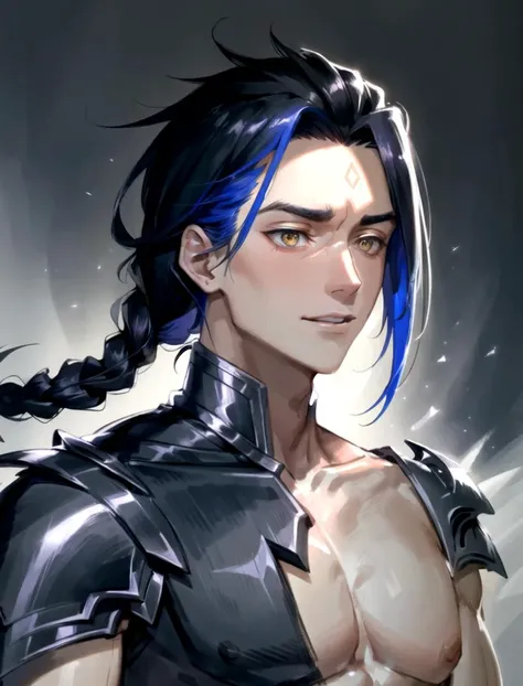 (masterpiece:1.2, best quality), <lyco:kayn:0.8>, kayn, 1boy, solo, split theme, long braided ponytail, topless male, armor, pauldrons, night, forest, (close up face), 8k, soft lighting, extremely detailed eyes and face, lower eyes, nervous512