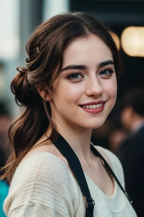 photo of beautiful (S4r4hD3sj4rd1ns:0.99), a woman with beautiful hair, hair upsweep updo, as a movie star in a (movie premiere), premiere gala, (near a movie theatre), natural skin texture, (elegant turquoise sweater off-shoulder), (suspenders:1.2), 24mm, 4k textures, soft cinematic light, adobe lightroom, photolab, hdr, intricate, elegant, highly detailed, sharp focus, ((((cinematic look)))), soothing tones, insane details, intricate details, hyperdetailed, low contrast, soft cinematic light, exposure blend, hdr, faded, (paparazzi in background), (painted lips:1.1), ((looking at viewer:1.2)), (smile512:1.2)