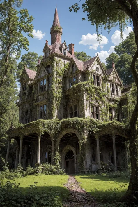 <lora:detail_slider_v4:0.8>, abandoned overgrown castle mansion in a forest, focal point, angry512:0.8