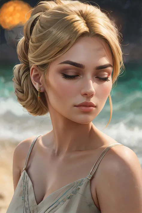 portrait, 1girl, ((thoughtful expression, mouth closed, eyes half-closed, one raised eyebrow)), brown eyes, sandy blonde hair, chignon, || portrait, skin, hair, fabric, masterpiece, 8k, high resolution, shallow depth of field, sharp focus