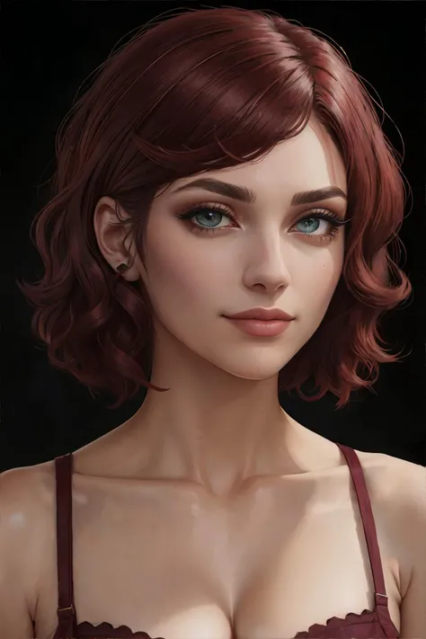 portrait, 1girl, ((eyes that meet the viewer directly, slight smile, looking at viewer)), hazel eyes, burgundy hair, curly haircut, || portrait, skin, hair, fabric, masterpiece, 8k, high resolution, shallow depth of field, sharp focus