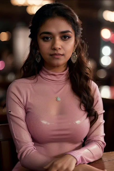 photo of extremely sexy Keerthy Suresh <lyco:Keerthy Suresh:0.8>, a woman as a sexy student, closeup portrait upsweep updo, (Deep Pink tight long sleeve turtleneck top), at a cantina sitting bar (masterpiece:1.5) (photorealistic:1.1) (bokeh) (best quality) (detailed skin texture pores hairs:1.1) (intricate) (8k) (HDR) (wallpaper) (cinematic lighting) (sharp focus), (eyeliner)