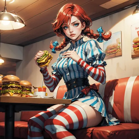 (masterpiece, best quality:1.2), solo, 1girl, ffwendys, two-handed burger, holding burger with both hands, eating, twin braids, hair bow, striped dress, striped sleeves, puffy sleeves, striped thighhighs, indoors, restaurant <lora:fastfood_wendys-10:1>
<lora:thicc_v2.3:1>