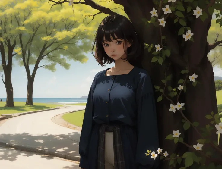 1girl,solo,long blue detached pants,flower,dress,outdoors,purpleflower,plaid,long sleeves,looking at viewer,standing,black hair,unmoving pattern,short hair,realistic,nature,tree,brown hair,