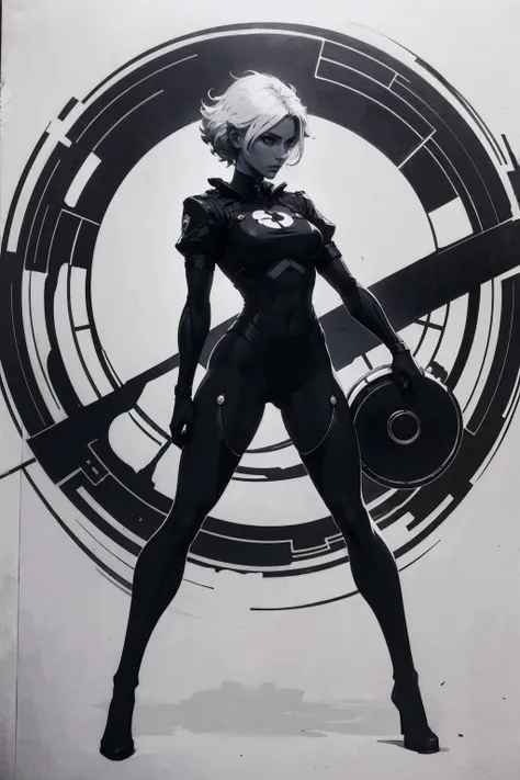 focus on torso and face, photo of a stunning woman, Alluring ass, white hair, spiralcurl, colorful makeup, heroic stance, (Silhouette Art, high contrast, well defined, Silhouette Art:1.3), night, full moon, police station, Background Blur, Bloom