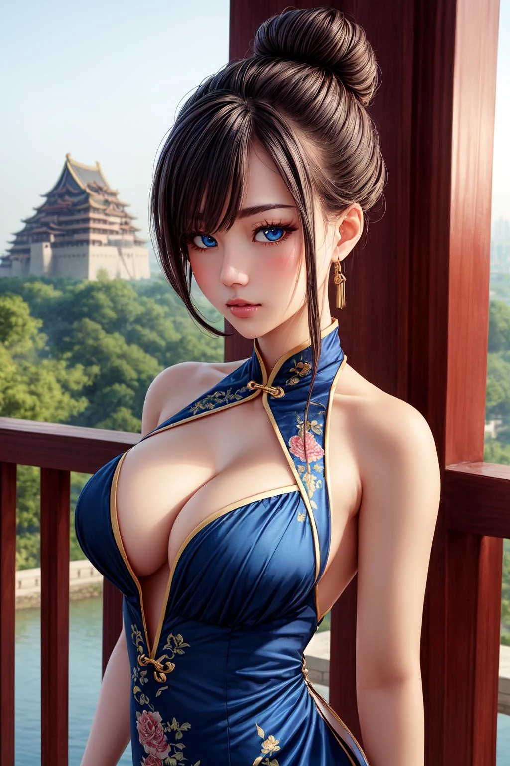 ((masterpiece)), (high quality), (best quality), (detailed), hd, perfect lighting, detailed face, detailed body, (1 adult woman), solo, (black hair gathered in a bun:1.2), blue eyes, (Chinese long dress with an open neckline:0.9), blush, medium chest, (on the background of a Chinese castle:1.1), <lora:beautifulDetailedEyes_v10:0.8>, <lora:add_detail:1>