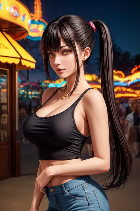 (mature woman:1.3), solo, (black long hair gathered in two ponytails:1.2), (medium breasts:0.7), yellow eyes, (white top with an open neckline:0.9), (denim short shorts with holes:0.9), (on the background of an amusement park:1.1), night, bright lights, <lora:beautifulDetailedEyes_v10:0.8>, <lora:add_detail:1>, ((masterpiece)), (high quality), (best quality), (detailed), hd, perfect lighting, detailed face, detailed body,
