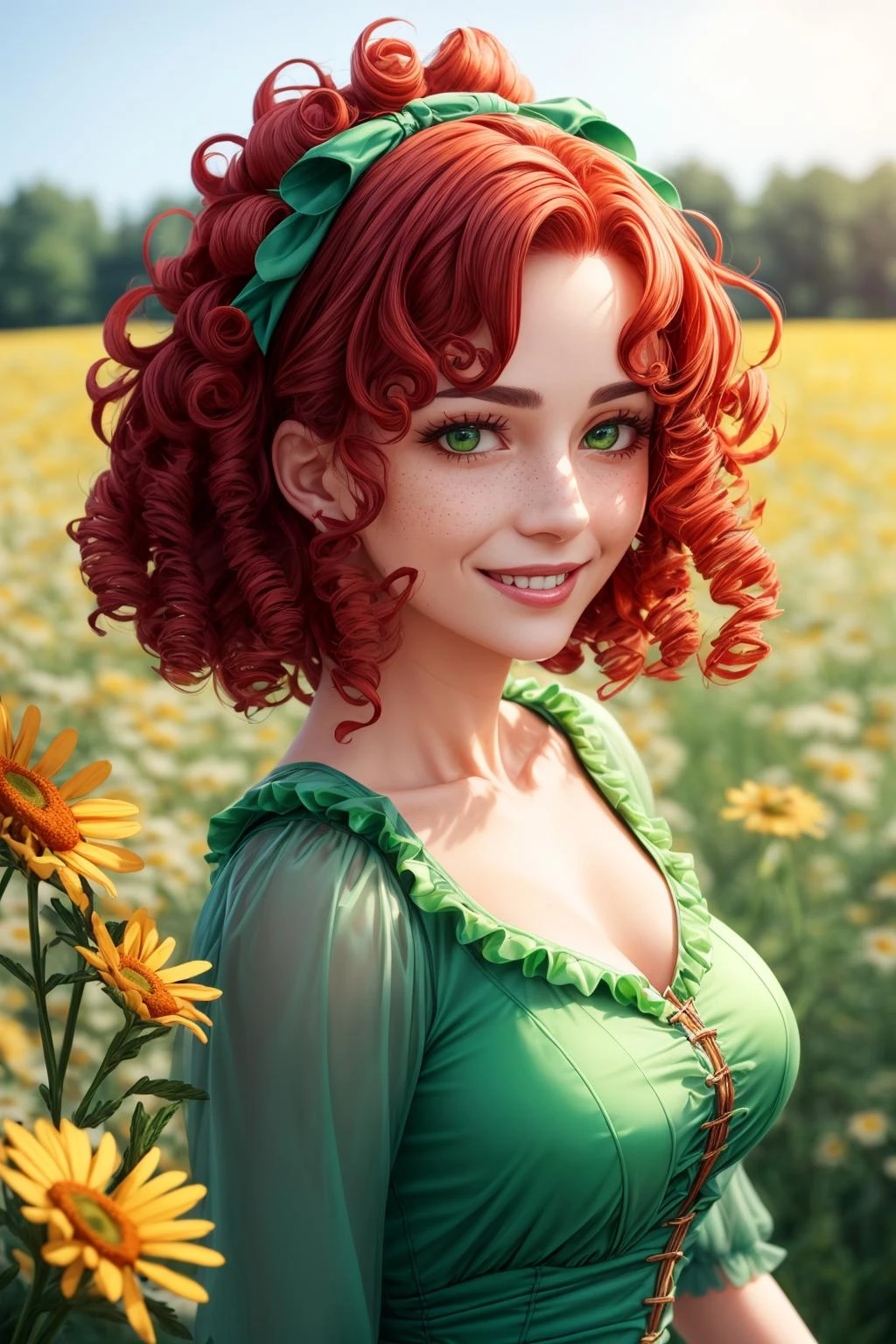 (mature woman:1.3), solo,( red curly hair:1.4), green eyes, (freckles on the face:0.8), (green translucent dress with ruffles:1.2), (big green bow on the head:0.9), smile, (chamomile field on the background:1.2), <lora:beautifulDetailedEyes_v10:0.8>, <lora:add_detail:1>, ((masterpiece)), (high quality), (best quality), (detailed), hd, perfect lighting, detailed face, detailed body,