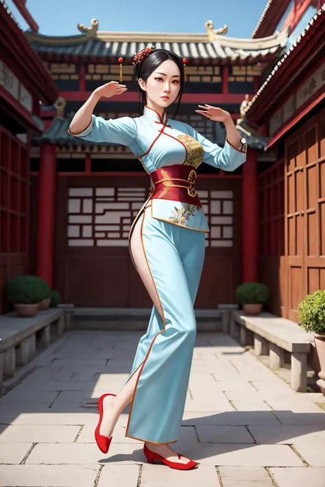 the heroine practising wing chun in the courtyard. chinese peasant, traditional clothes. <lora:GoodHands-vanilla:1>
