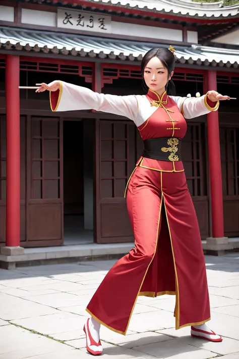 the heroine practising wing chun in the courtyard. chinese peasant, traditional clothes. <lora:GoodHands-vanilla:1>