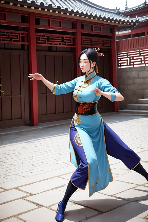 the heroine practising wing chun in the courtyard. chinese peasant, traditional clothes. <lora:GoodHands-vanilla:1>