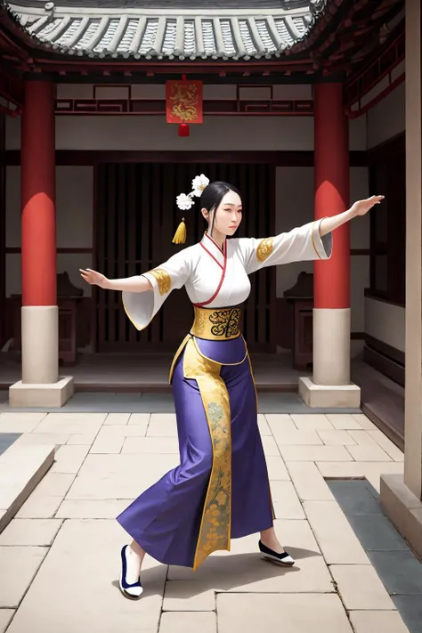 the heroine practising wing chun in the courtyard. chinese peasant, traditional clothes. <lora:GoodHands-vanilla:1>
