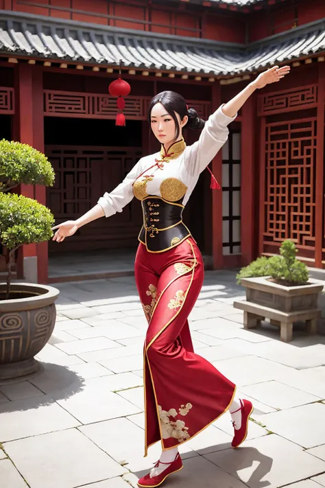 the heroine practising wing chun in the courtyard. chinese peasant, traditional clothes. <lora:GoodHands-vanilla:1>