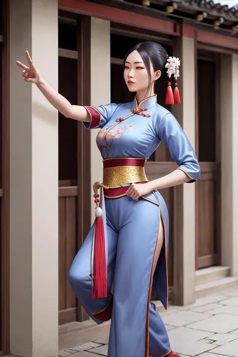 the heroine practising wing chun in the courtyard. chinese peasant, traditional clothes. <lora:GoodHands-vanilla:1>