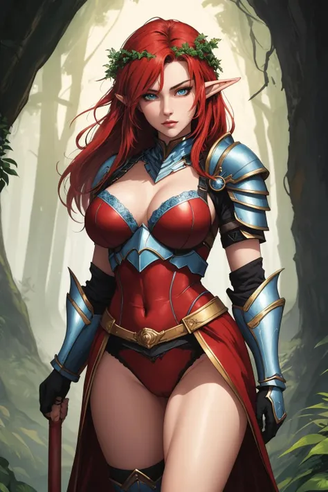 masterpiece, high quality, best quality, beautiful, hd, perfect lighting, detailed face, detailed body, 1 girl, solo, red hair, blue eyes, big breasts, elf, red underwear, armor on legs, armor on shoulders, iron wreath on head, sexy pose, sexy face, forest