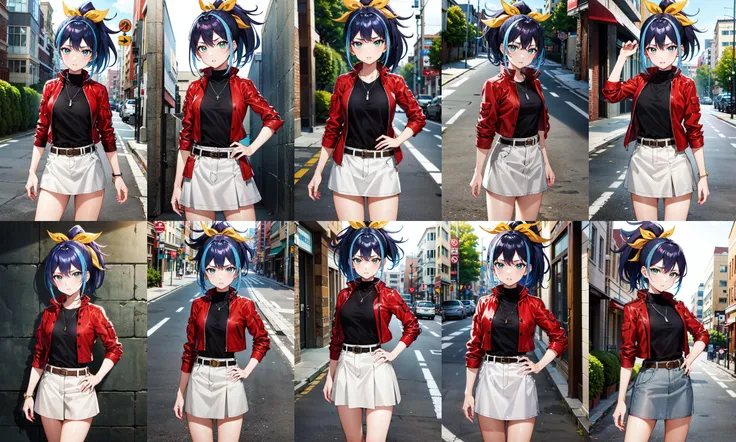 masterpiece, best quality, highres, aaserena, ponytail, multicolored hair, red jacket, black shirt, belt, white skirt, <lora:serena_(yu-gi-oh!)_v1:0.7>, looking at viewer, standing, cowboy shot, street