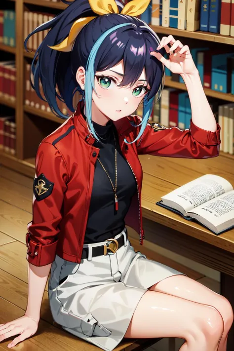 masterpiece, best quality, highres, aaserena, ponytail, multicolored hair, red jacket, black shirt, belt, white skirt, <lora:serena_(yu-gi-oh!)_v1:0.7>, library, sitting, book, desk, writing,