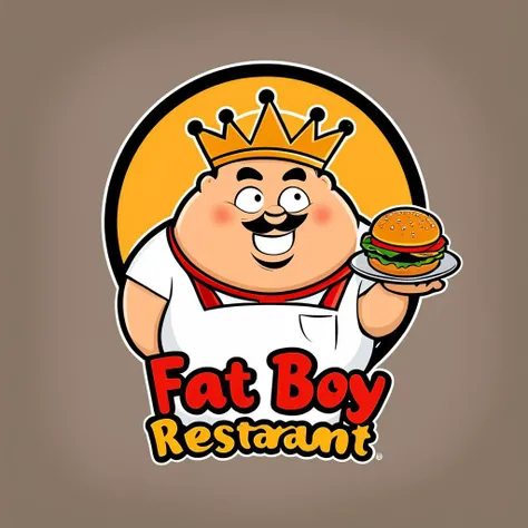 logomkrdsxl, catoon of a fat man witha burger, logo, vector, text "Fat boy burgers restaurant", <lora:logomkrdsxl:1>, best quality, masterpiece, cute