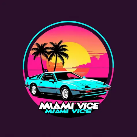 logomkrdsxl, 80s sports car, circular logo, sunset, retro, vector, text "miami vice", <lora:logomkrdsxl:0.8>, best quality, masterpiece,