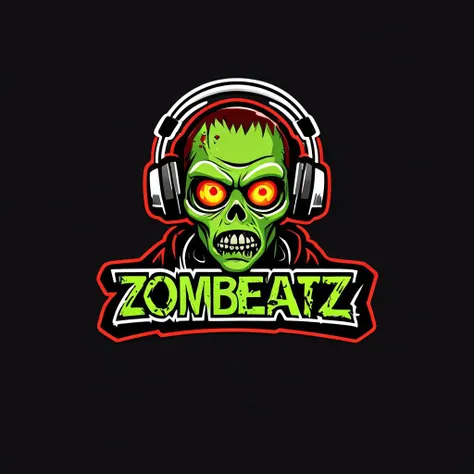 logomkrdsxl,an edgy logo of a zombie with headphones , vector, text "ZomBeatz", <lora:logomkrdsxl:1>, best quality, masterpiece, horror, brand, dark background, green skin, glowing red eyes,