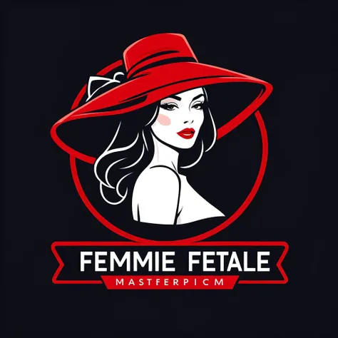 logomkrdsxl, outline logo of woman wearing big hat and sexy red dress, simplistic art, logo, vector, text "femme fetale", <lora:logomkrdsxl:1>, best quality, masterpiece, dark background