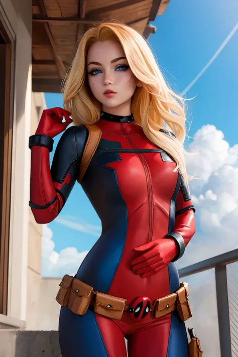 masterpiece, best quality, 1girl wearing deadpool costume, unmasked, blonde hair, blue eyes, upper body, city, blue sky <lora:Deadpool Costume_v1:1>
