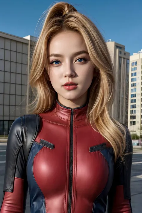 masterpiece, best quality, 1girl wearing deadpool costume, unmasked, blonde hair, blue eyes, upper body, city, blue sky <lora:Deadpool Costume_v1:1>