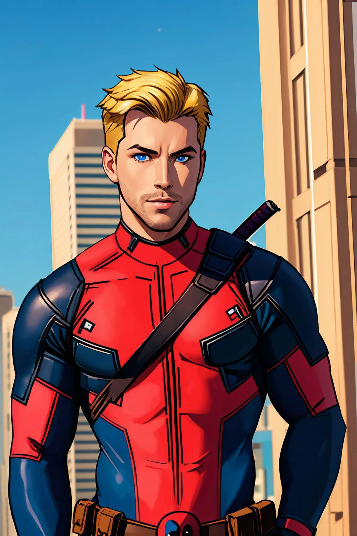 masterpiece, best quality, 1boy wearing deadpool costume, unmasked, blonde hair, blue eyes, upper body, city, blue sky <lora:Deadpool Costume_v1:1>